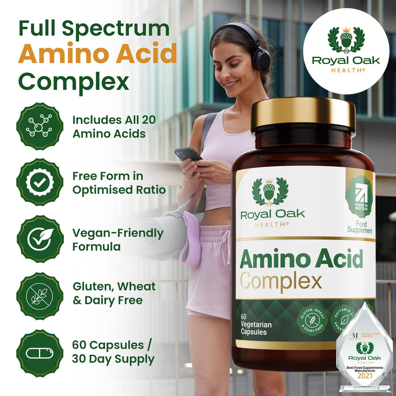 Full Spectrum Amino Acid Complex | Complete with All 20 EAA & BCAAs in Free Form for Instant Digestion | Essential & Branch Chain Amino Acids Supplement | 60 Vegan Capsules | UK Made