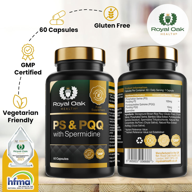 Phosphatidylserine 100mg, PQQ 10mg & Spermidine 3-in-1 Vegan Supplement - 60 Capsules, 2 Month Supply - UK Made, Non-GMO