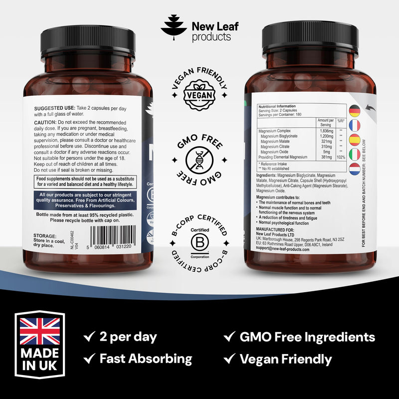 Magnesium Glycinate 4-in-1 Complex 2000mg - High Strength Magnesium Supplements - Bisglycinate,Citrate, Malate, Oxide - 360 Capsules 449mg Elemental - Vegan UK Made By New Leaf 360 count (Pack of 1)