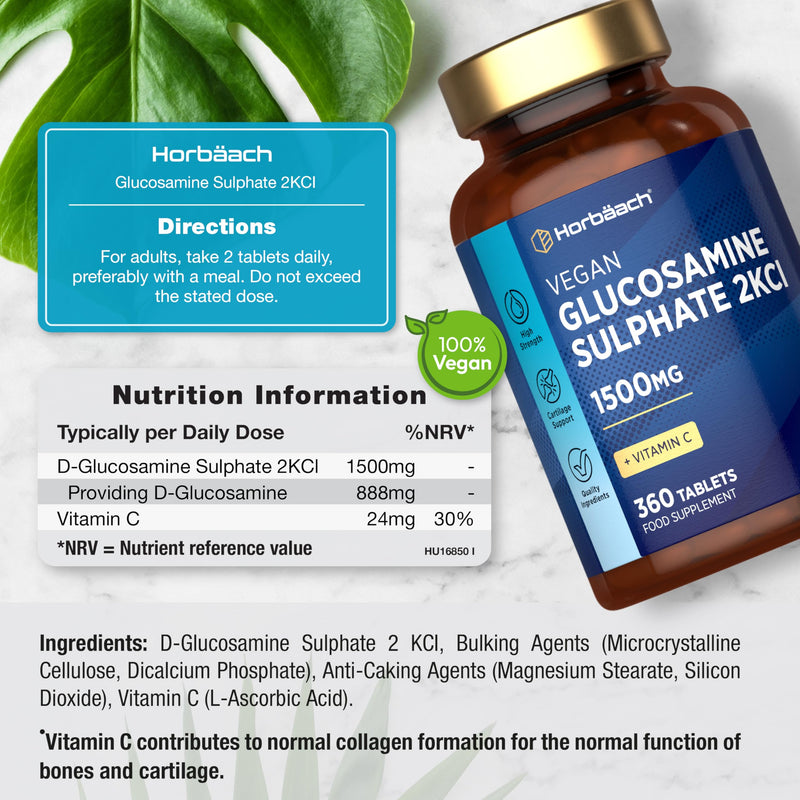 Glucosamine Sulphate 2KCl 1500mg | with 24mg Vitamin C | 360 Vegan Tablets | High Strength Glucosamine 2KCl Supplement | by Horbaach