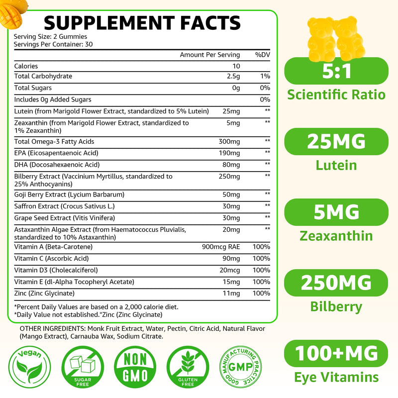 [Australia] - Sugar Free Lutein Gummies 25mg, Lutein and Zeaxanthin Supplements for Eye Health, 13-in-1 Eye Care Formula with Omega-3 Bilberry Saffron & Vitamins-Vision Health, Eye Strain, Dry Eyes, Vegan 60 Count Mango 60 Count (Pack of 1) 