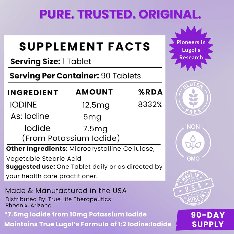 [Australia] - Lugol's Iodine Tablets 12.5mg x 90 ct - Reddish Brown Stable Iodine + Potassium Iodide Formula, Masks Bitter Liquid Taste, Thyroid Support, Detox, Breast Health - No Preservative, Non-GMO, Gluten-free 