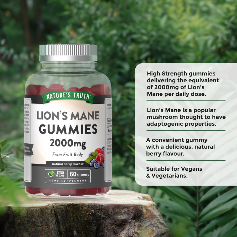 Lion's Mane Gummies | 2000mg High Strength Lion's Mane Supplement | 60 Natural Berry Flavour Gummies - Vegan Mushroom Extract | By Nature's Truth