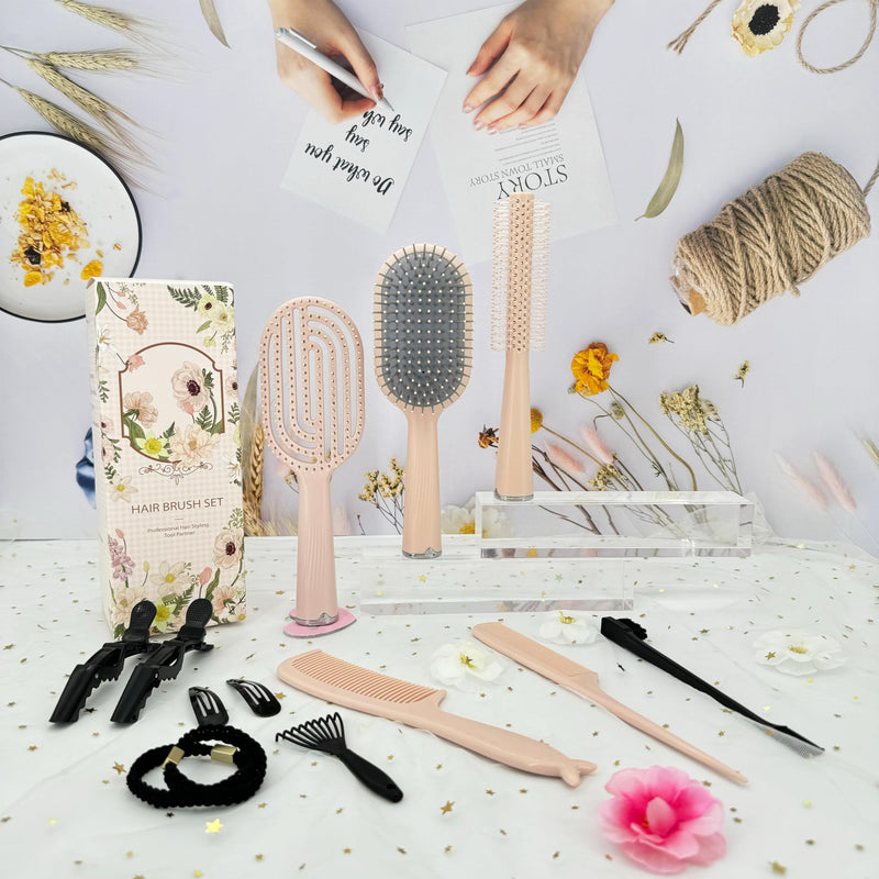 Hair Brush Set, Professional Styling Tools with Combs and Accessories, Pink, Gift Box Included (Pink Brush+Pink Comb) Pink Brush+Pink Comb