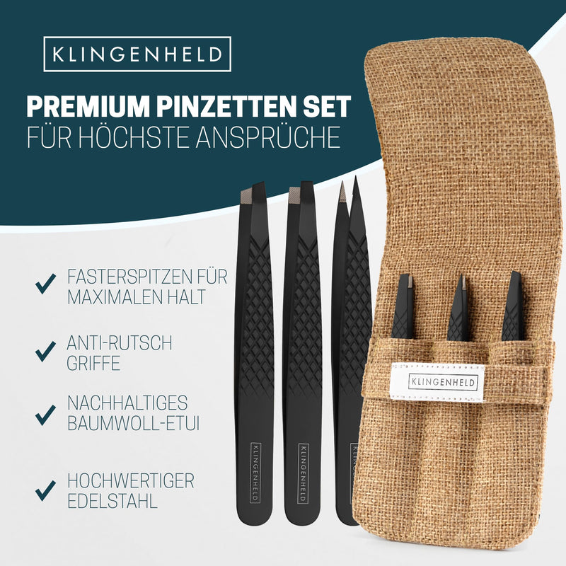 [Australia] - KLINGENHELD® professional tweezers set with ComfortGrip tips & anti-slip handle - maximum hold & highest precision - including cotton case 100% plastic-free & sustainable - tweezers for plucking eyebrows black 
