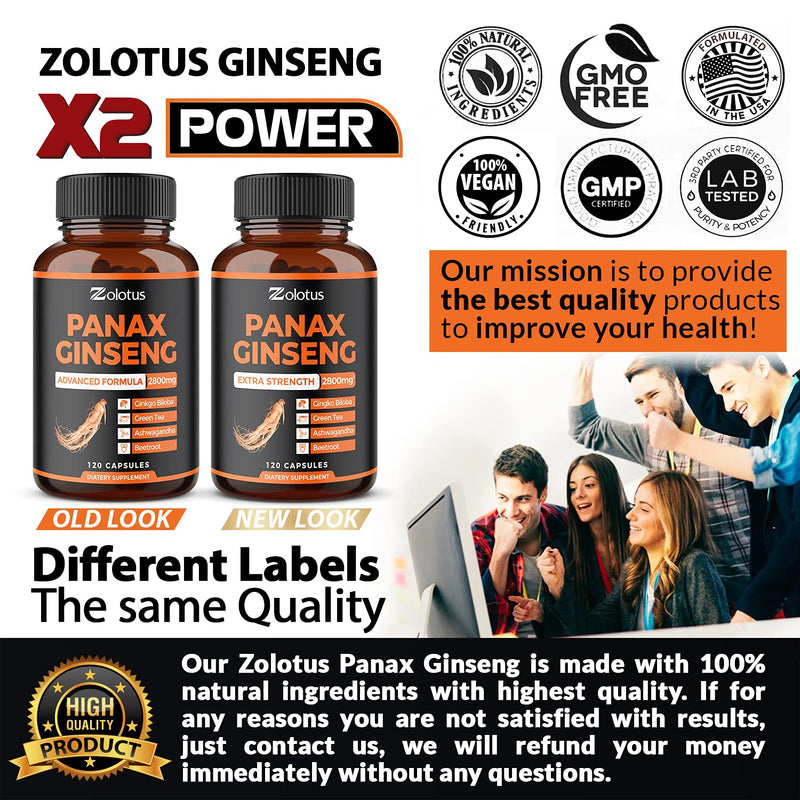 [Australia] - Zolotus Korean Red Panax Ginseng + Ginkgo Biloba - 2800mg Extra Strength with Ashwagandha, Beetroot, Green Tea - Support Strength, Stamina, Energy Production & Mood Balance - 120 Capsules 120 Count (Pack of 1) 