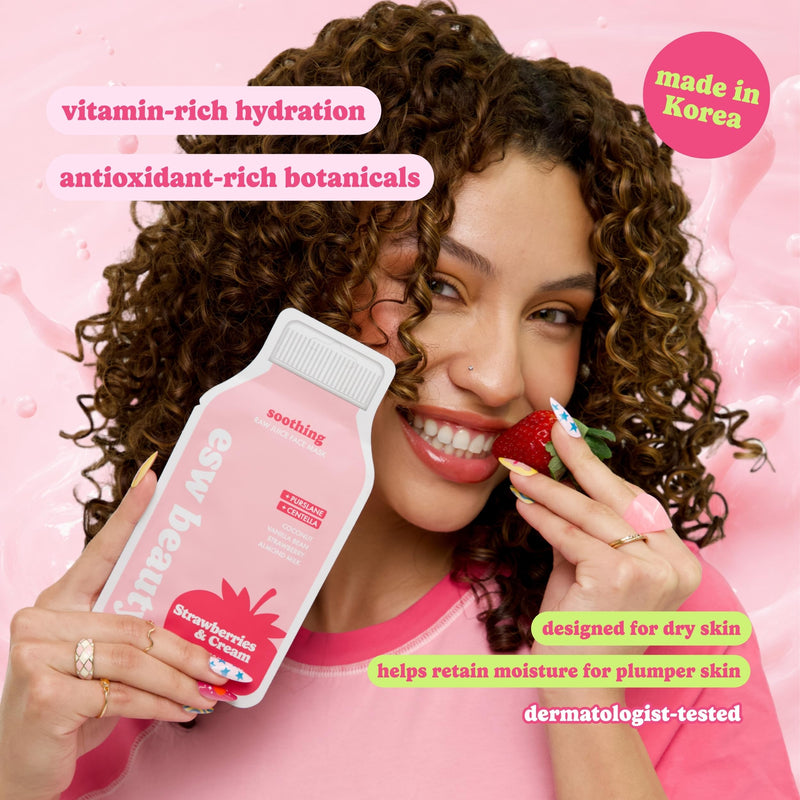 ESW Beauty Strawberries & Cream Soothing Face Mask, Korean Skin Care 1 Pack | Calming Face Mask with Strawberry, Coconut, Hyaluronic Acid, Centella & Vitamins C & E for Hydrating Skin, Skincare for Women 1 Mask