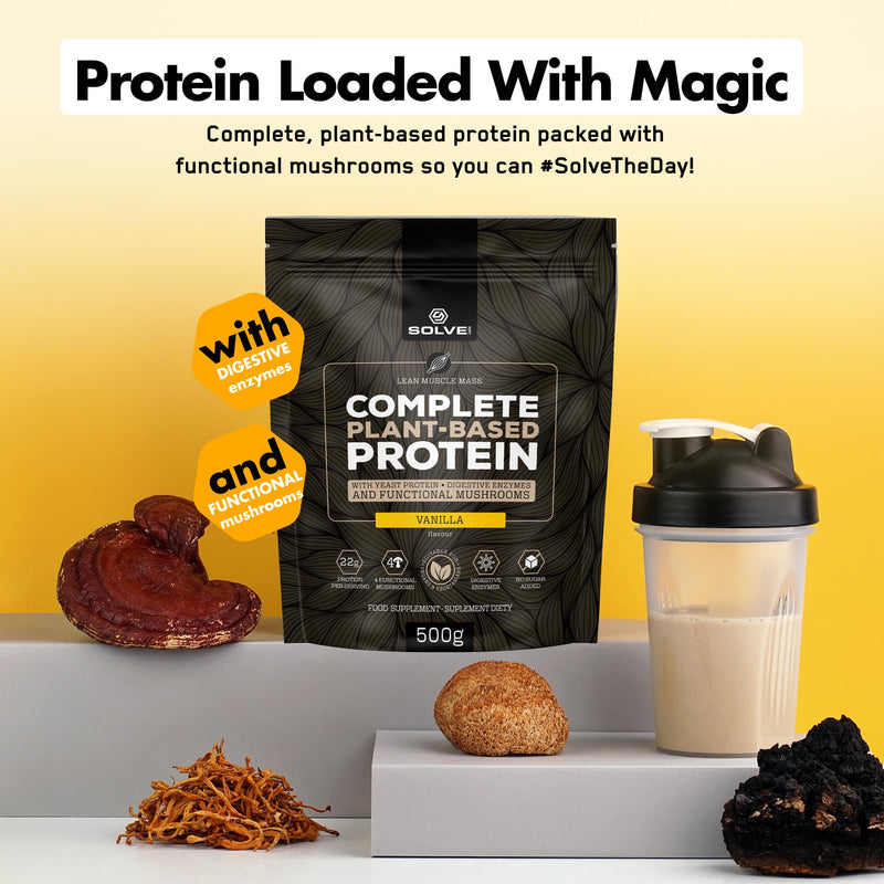 Vegan Protein with 4 Functional Mushrooms (Lion's Mane, Reishi, Cordyceps, Chaga) ● 5 Digestive Enzymes: DigeZyme® ● 500g | 128 kcal & 23g of Protein Per Serving ● Vanilla Flavor 500 g (Pack of 1)
