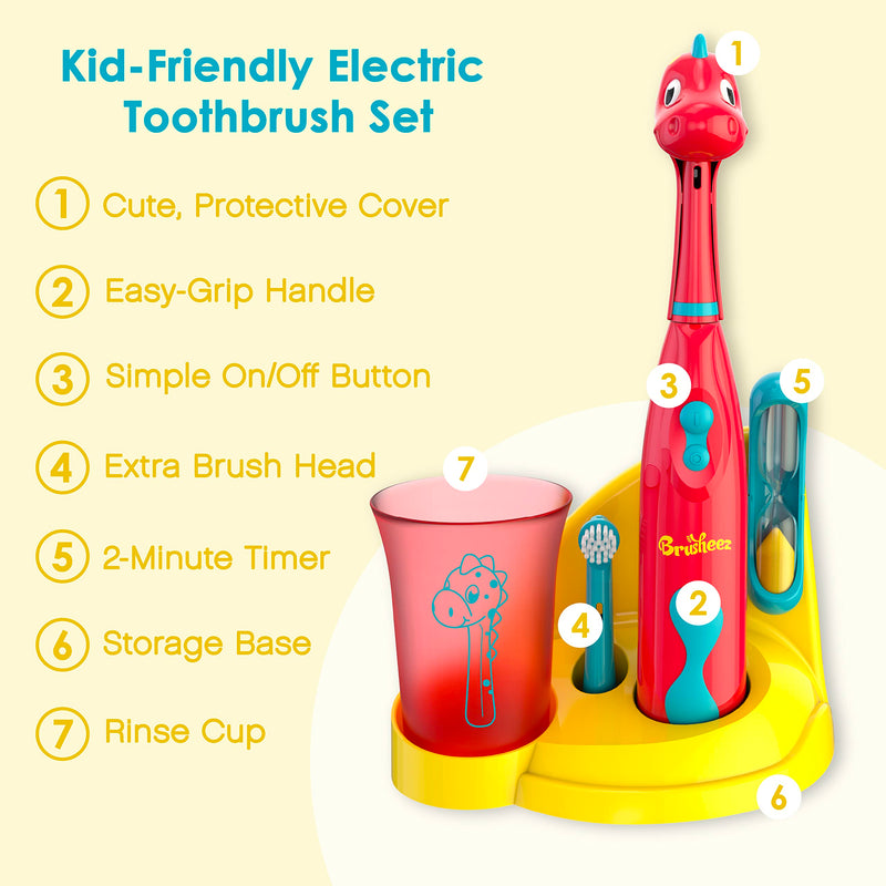 [Australia] - Brusheez® Kids’ Electric Toothbrush Set - Safe & Effective for Ages 3+ - Parent Tested & Approved with Gentle Bristles, 2 Brush Heads, Rinse Cup, 2-Minute Timer, & Storage Base (Pepper the Dino) Pepper The Dino 