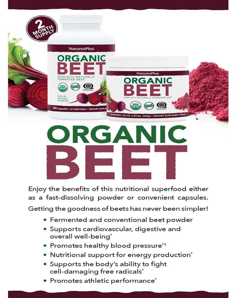 NaturesPlus Organic Beet Capsules - Fermented and Non-Fermented Beet Powder - Lower in Sugar, Naturally Occurring Nitrates - Organic, Gluten Free, Vegan - 180 Capsules, 2 Months Supply 180 count (Pack of 1)