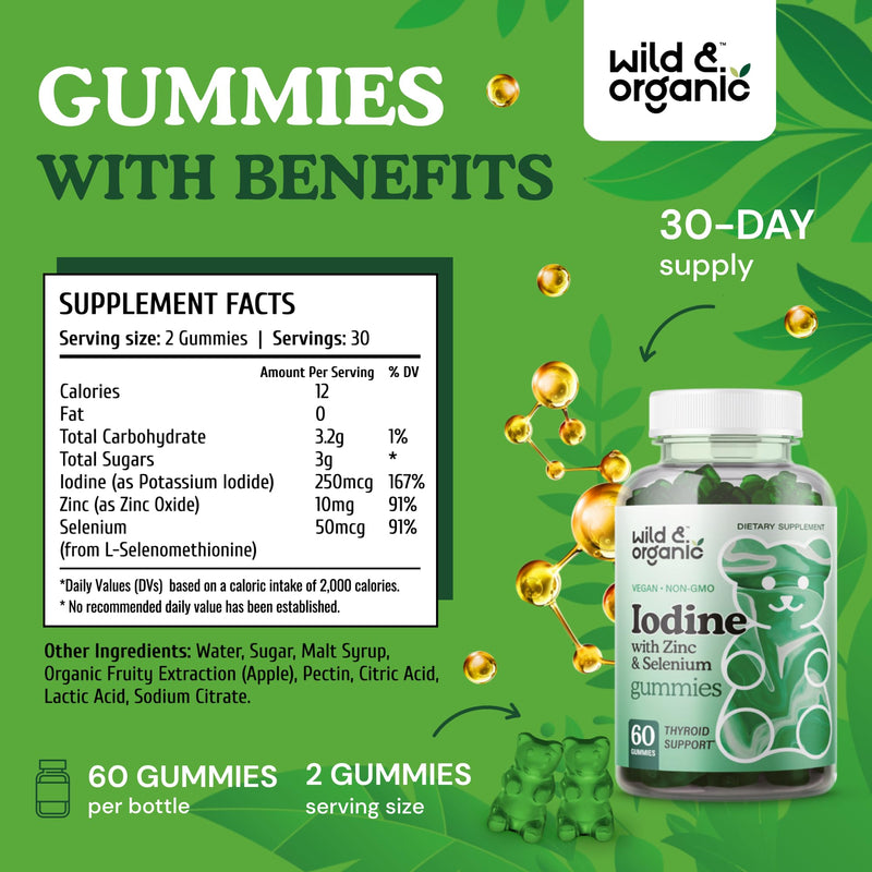 [Australia] - Wild & Organic Iodine Gummies 250mcg - Immune Support Complex w/Potassium Iodide - Selenium Zinc Iodine Supplement for Immune Support - 60 Pectin-Based Gummies - Vegan Supplement with Iodine 