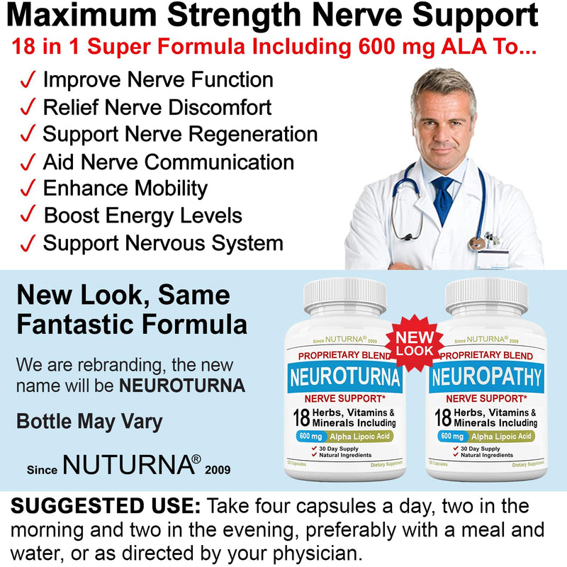 Neuropathy Support Nerve Supplement with 600 mg Pure Alpha Lipoic Acid - Maximum Strength Formula, Fortify Nerves in Fingers, Hands, Toes, & Feet - Best Peripheral Relief Support - 120 Capsules 120 Count (Pack of 1)