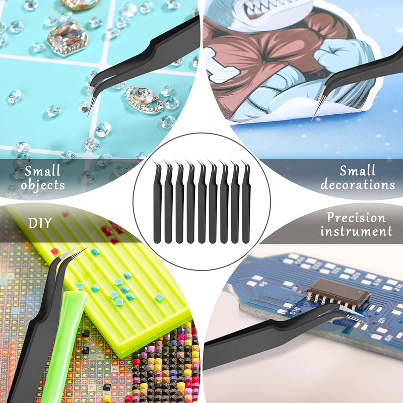 Honoson 9 Pieces Curved Pointed Craft Tweezers Stainless Steel Precision Tweezer with Protective Cover for Rhinestones Dried Flowers Craft Stickers Eyelash Extension Jewelry Making(Black) Black