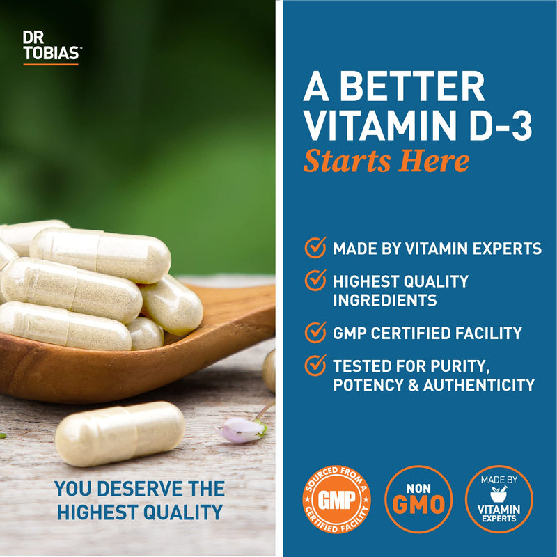 Dr. Tobias Vitamin D3 5000 IU 90 Capsules | Extra Strength Vitamin D | Bone, Teeth & Immune Support | 5,000 IU Vitamin D3 | Gelatin-Free & Non-GMO | 90 Servings 90 Count (Pack of 1)