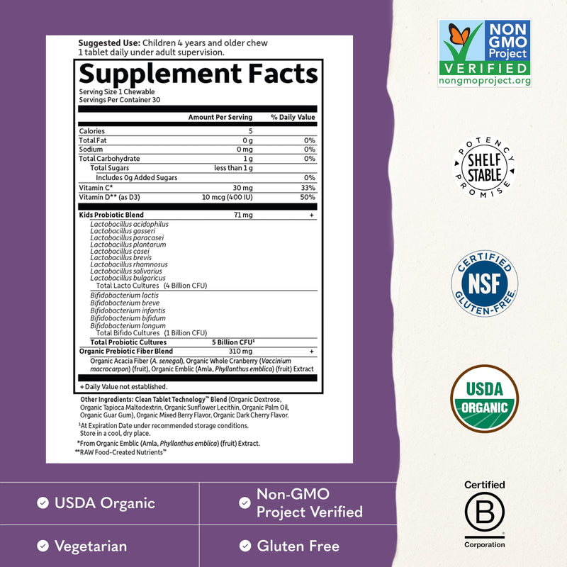 Garden of Life Dr. Formulated Probiotics Organic Kids+ plus Vitamin C & D - Berry Cherry - Gluten, Dairy & Soy Free Immune & Digestive Health Supplement, No Added Sugar, 30 Chewables (Shelf Stable) 30ct Shelf Stable (Pack of 1)
