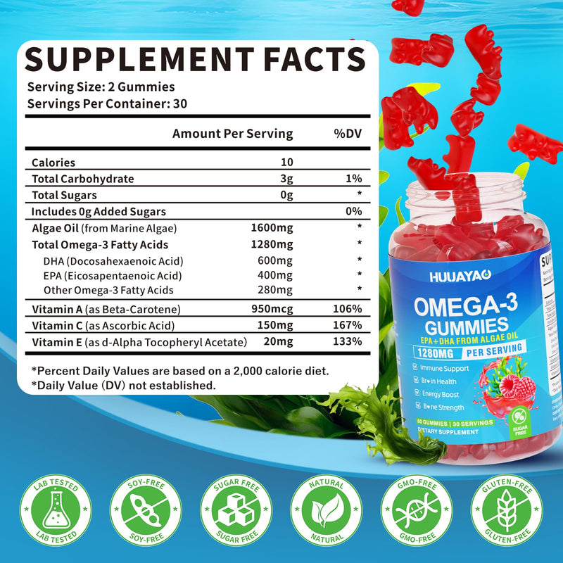 Vegan Omega-3 Gummies 1280mg, Omega 3 Fish Oil Alternative for Adults w/EPA 400mg & DHA 600mg & Vitamin A, C, E Supports Brain, Eye & Immune Health, Sugar Free, Raspberry Flavor, 120 Count 120 Count (Pack of 1)