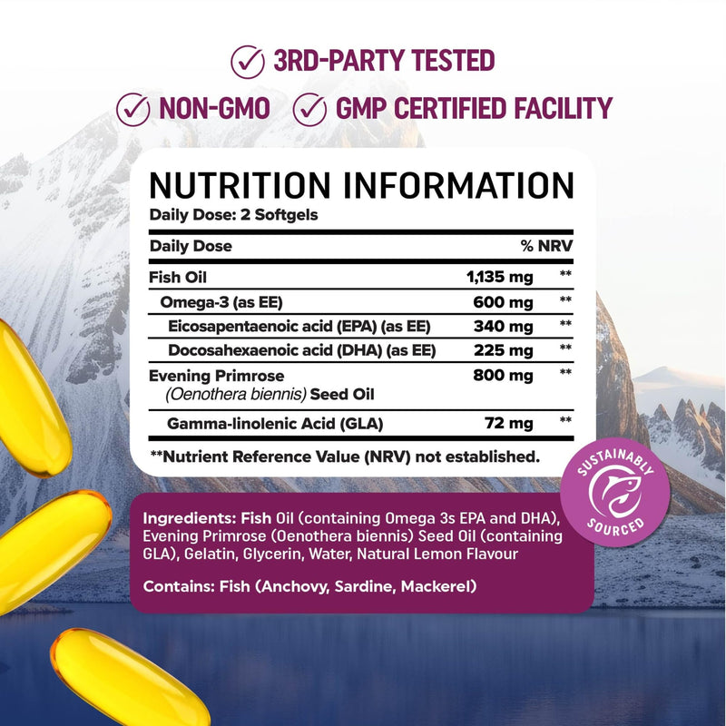 Omega 3 Supplement for Women | Fish Oil with Evening Primrose | Hormone Balance, Skin & Wellness Support | 600MG Omega3 + 800MG Evening Primrose | Fish Oil Omega 3 Supplements for Women | 120 Ct.