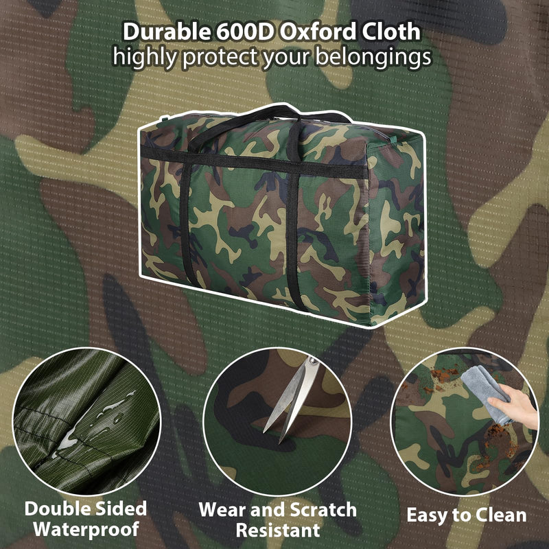 2-Pack Camo 26 Gal Extra Large Foldable Duffle Bags | Camouflage, heavy-duty, reinforced handles, metal zippers & water-resistant Oxford, ideal for travel, storage & moving