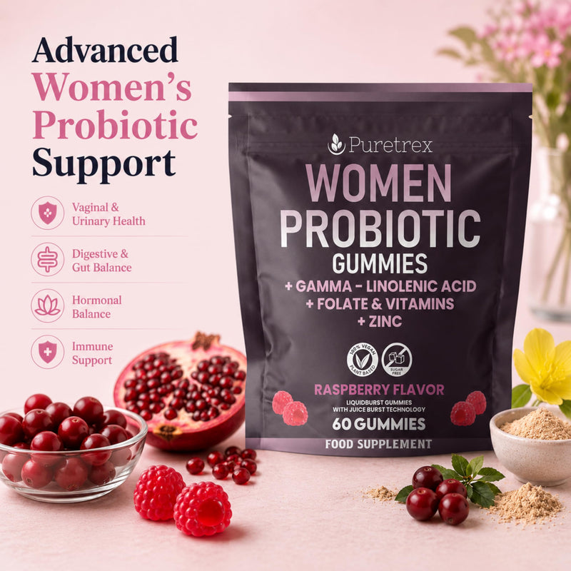 Puretrex Women’s Probiotic & Prebiotic Gummies, Gut Digestive Vaginal & Immune Health Support, pH Balance & Bloating Relief, UK Made Vegan Gummies with Folate Zinc & GLA, 60 Gummies, 1 Month Supply