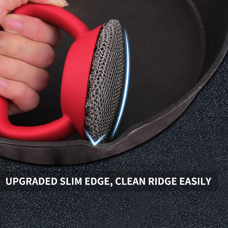 [Australia] - Cast Iron Cleaner Brush with Heavy Duty Handle, 3mm Soldered Fine Chain Mail Scrubber Brush - Small Ring Chainmail Pan Pot Scrubber Metal Scrub Brush to Clean Skillet, Cast Iron Griddle Cleaning Brush Red brush 
