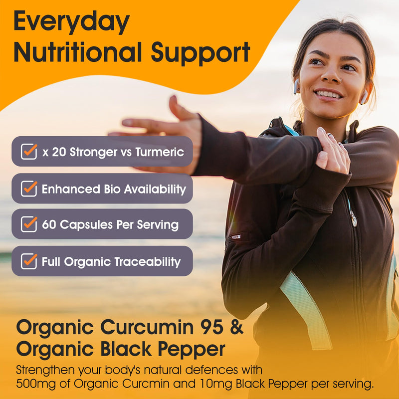 Curcumin 95 | Organic | Curcumin Capsules High Strength with Black Pepper | 500mg Pure Turmeric Curcumin 95 & 10mg Organic Black Pepper | 60 Capsules 2 Month Supply | By Clearwave Health
