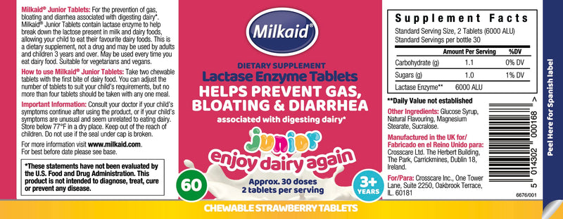 [Australia] - Milkaid Junior Lactase Enzyme Chewable Tablets Lactase Drops for Lactose Intolerance Relief | Prevents Gas, Bloating, Diarrhea in Children | Fast Acting Dairy Digestive Supplement | 