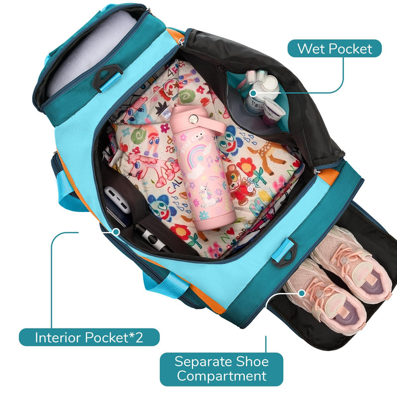 WOOMADA Kids Travel Bag with Shoe & Wet Pockets, Carry On Duffle Bag for Overnight Trips, Sports, School(green) Green