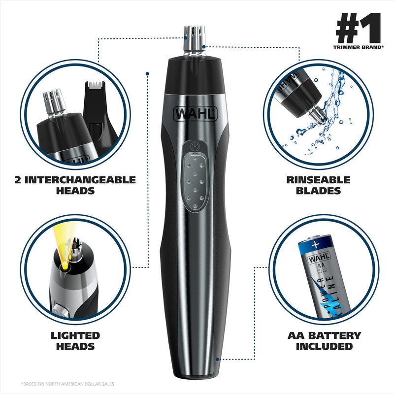 [Australia] - Wahl Lighted Battery Nose Hair Trimmer for Men & Women. Painless, Easy to See Nose, Ear, and Eyebrow Trimming with Built in Light, Battery Included. – Model 3023283 Black/Silver 3 Piece Set 