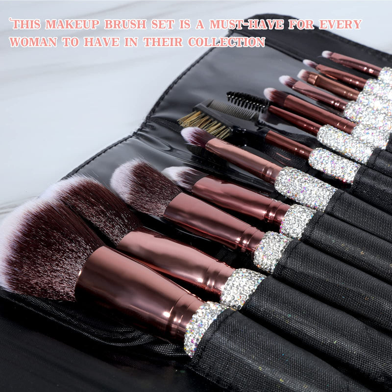 KEYPOWER Large Capacity Glitter Sequin Cosmetic Bag Apricot & 12PCS Makeup Brushes Bling Rhinestone White