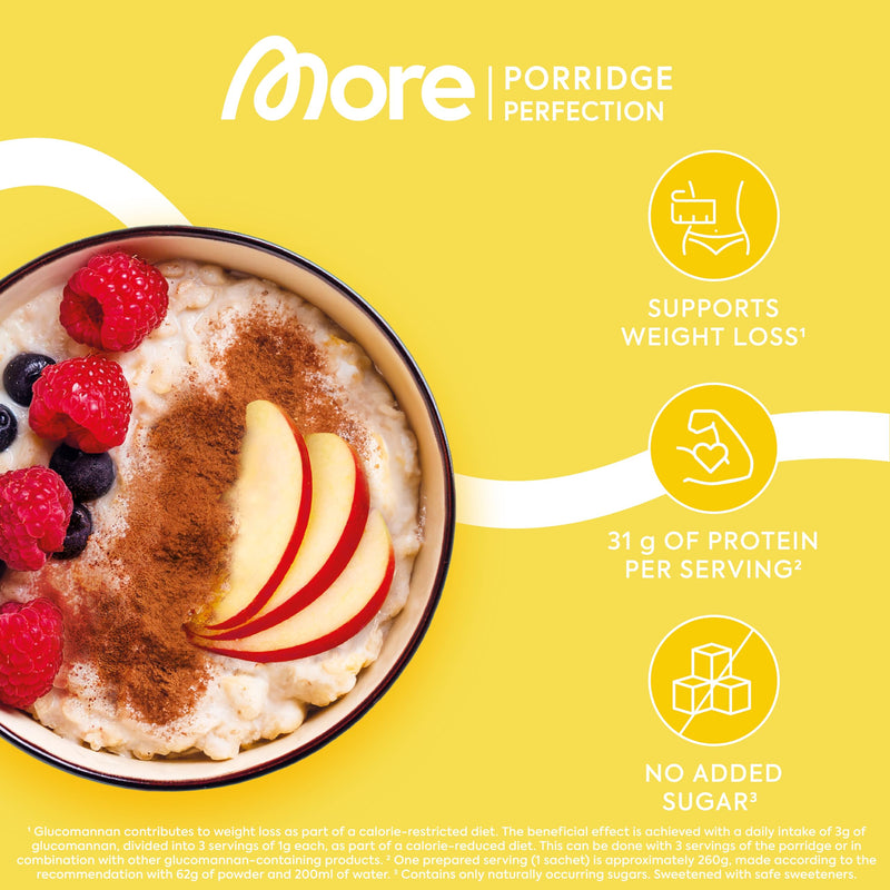 More Protein Porridge, tray of 10, 10 x 62 g Classic, 31 g protein per serving, quick preparation without cooking, creamy delicious porridge with less sugar and fat, perfect for refining