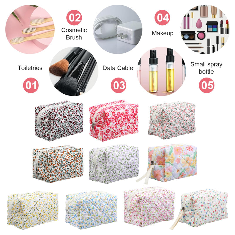 10 Packs Quilted Makeup Bag Different Stylish Floral Designs Flower Theme Toiletry Cosmetic Bag Aesthetic Makeup Pouch Floral Emergency Kit Pouch for Traveling
