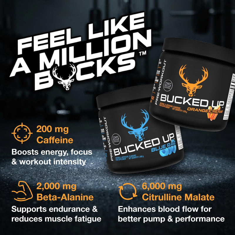 Bucked Up Pre-Training Powder | Performance Supplement with Beta-Alanine, Citrulline Malate & Caffeine | Sugar Free | Orange Cream Flavour| 25 Servings