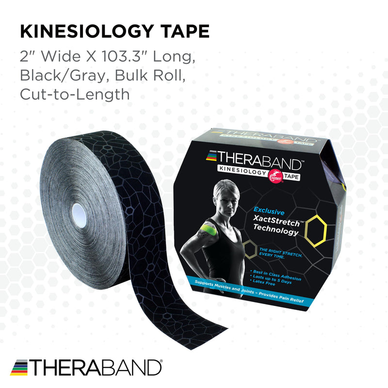 [Australia] - THERABAND Kinesiology Tape, Black/Gray, 2'' X 103.3 Foot Bulk Roll, with XactStretch Indicators, Long-Lasting Athletic Tape for Shoulder & Knee, Latex-Free Sports Tape, Water Resistant, Cut-to-Length 