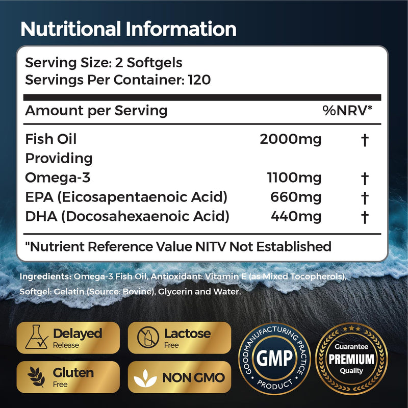Omega 3 Fish Oil 2000mg – High Strength with 660mg EPA & 440mg DHA – 240 Softgel Capsules (4 Month Supply) – Omega 3 Fatty Acids Supplement – Gluten-Free & Lactose-Free
