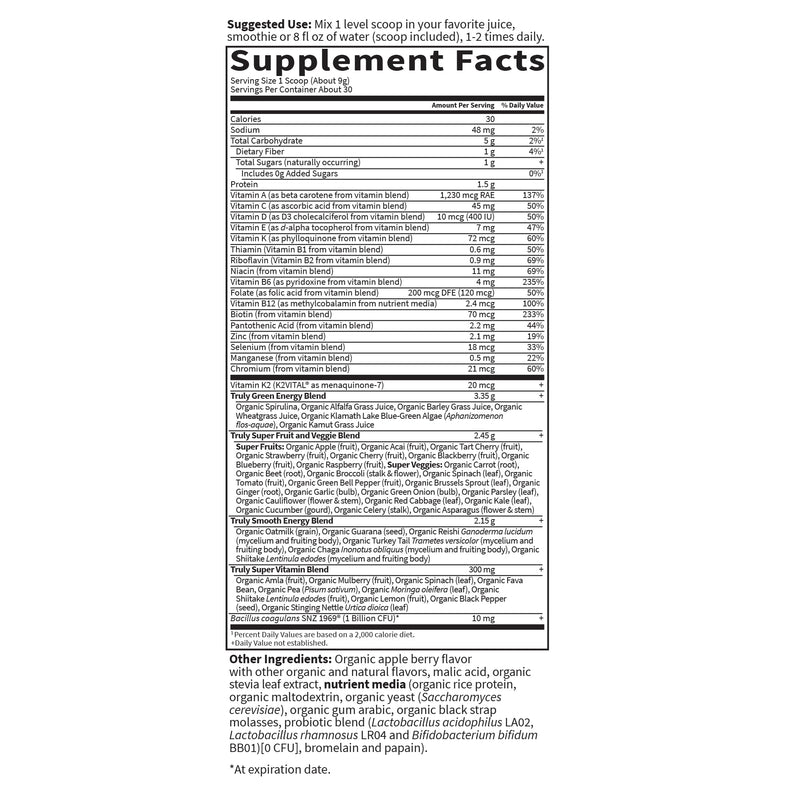 Garden of Life Sport Organic Greens Powder, Apple Berry, 30 Servings | Organic Blend, Spirulina, Fruit, Vitamins, Pre & Probiotics, Mushrooms, Athletic Supplement, Nutrition Greens and Superfoods 1 Ounce (Pack of 1)