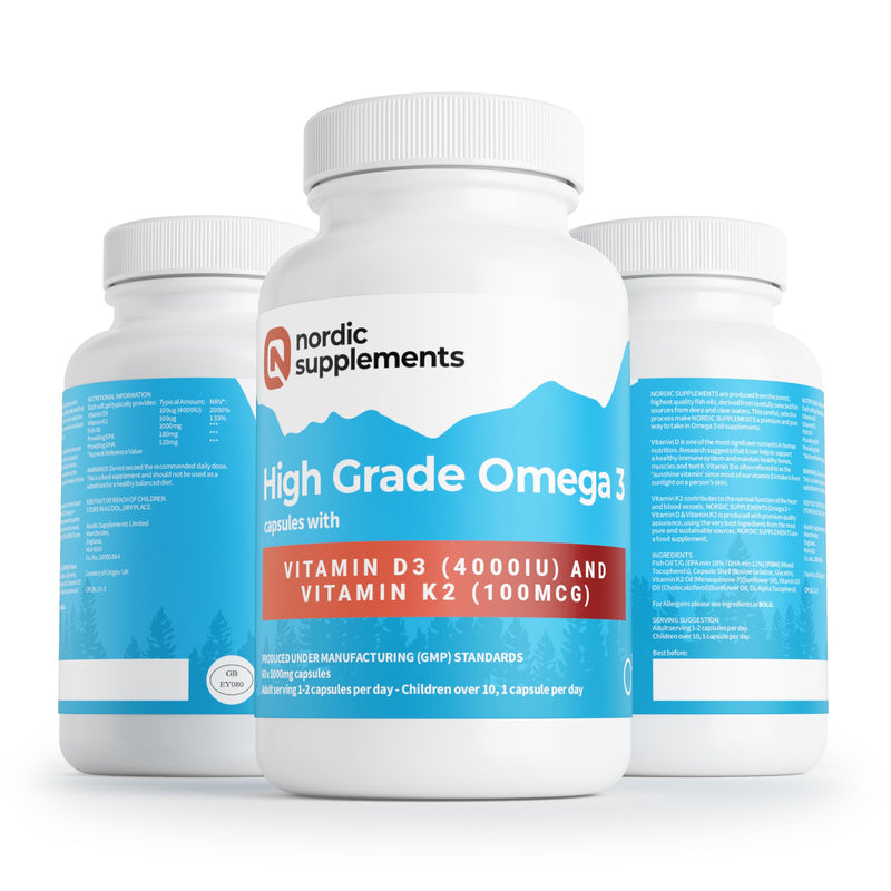 Nordic Supplements® Omega 3 Fish Oil 1000mg with Vitamin D3 4000IU & K2 MK-7 100µg – High Strength Triple Formula for Heart, Brain, Vision, Immune & Bone Health – 60 Capsules – Burp-Free & Ultra-Pure