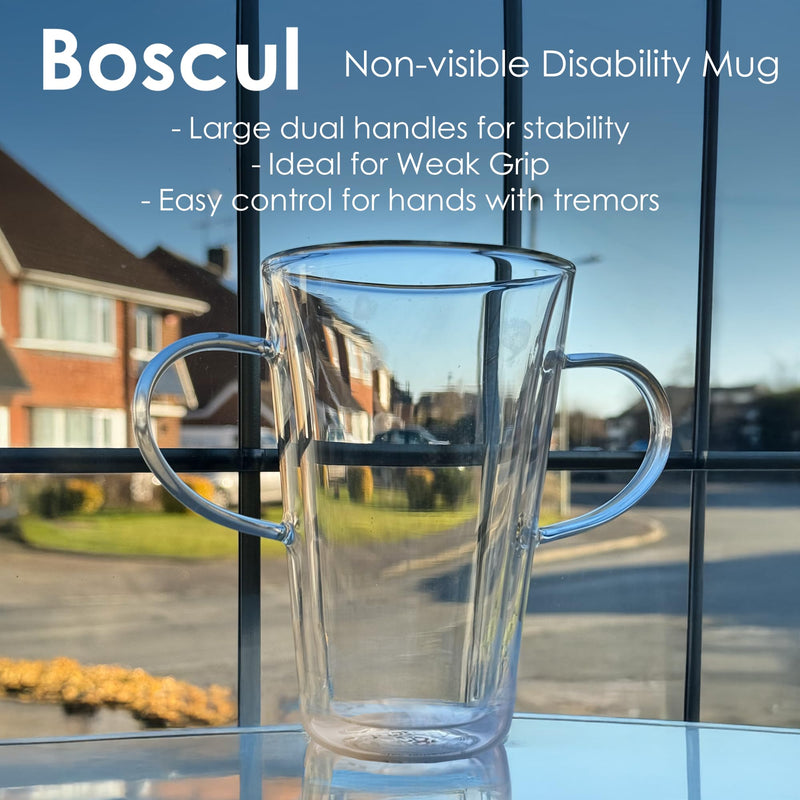 Two Handled Mugs Comes in 2 Pack, Borosilicate Double Wall Latte Glasses 400ml, Designed for Dignity, Weak Grip, Elderly, Arthritis, Disability, Alzheimers, Lightweight