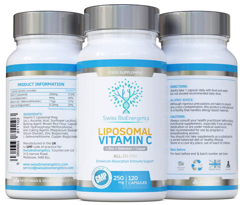 Liposomal Vitamin C Complex with Zinc, Selenium and Copper : All-in-ONE Enhanced Absorption Immune Support : 250mg, 120 Vegan Capsules (4 Month Supply) : Non-GMO, Made in UK