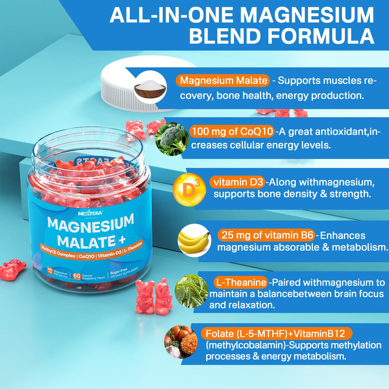 Nextdia Magnesium Malate Gummies for Adults - Magnesium 400mg Chewable | Plus Methylated Folate, B12, B6, L-Theanine & CoQ10, Supports Energy, Muscle & Calm, Sugar Free, 60Cts 60 Count (Pack of 1)