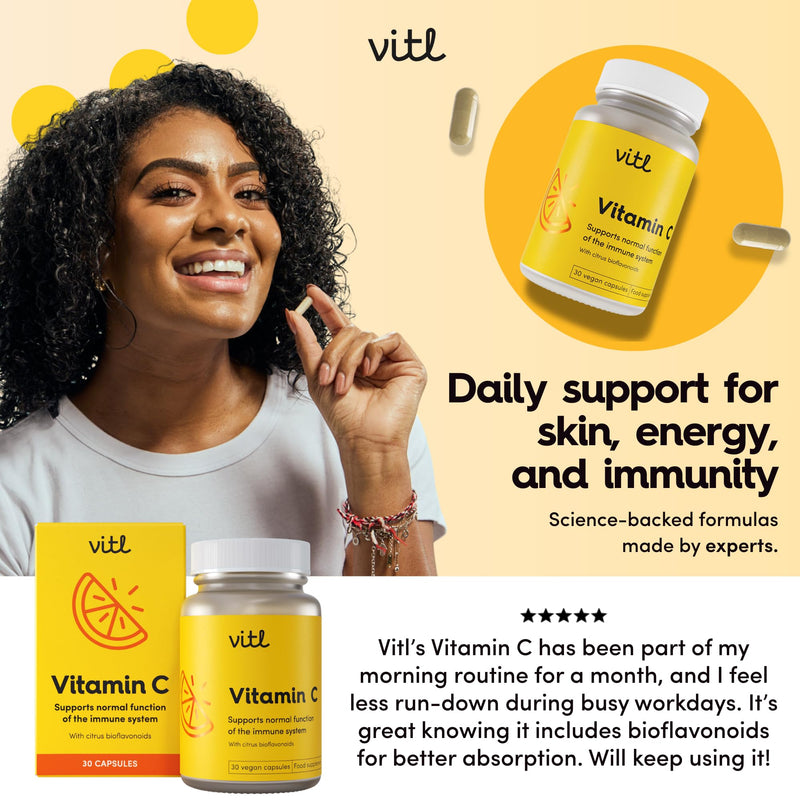 Vitl Vitamin C 500mg Supplement - 30 Vegan Easy to Swallow Capsules - Support Normal Functioning of the Immune System - 1 Month Supply