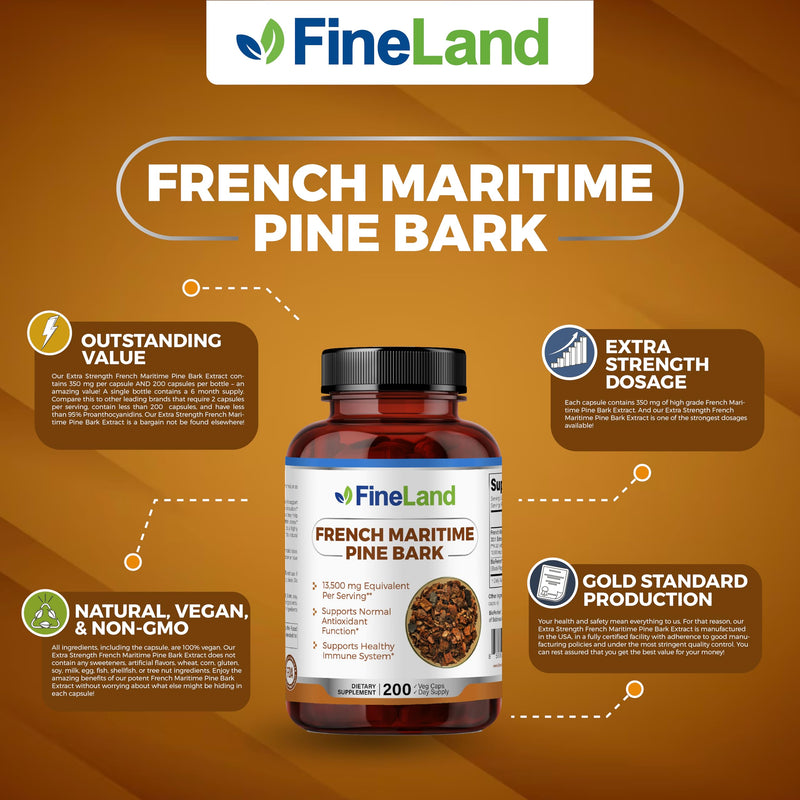[Australia] - FineLand French Maritime Pine Bark 30:1 Extract Max Strength, 450 mg Per Capsule, Antioxidant, 200 Veggie Caps of Pine Bark Supplement for 200 Days, 100% Natural 