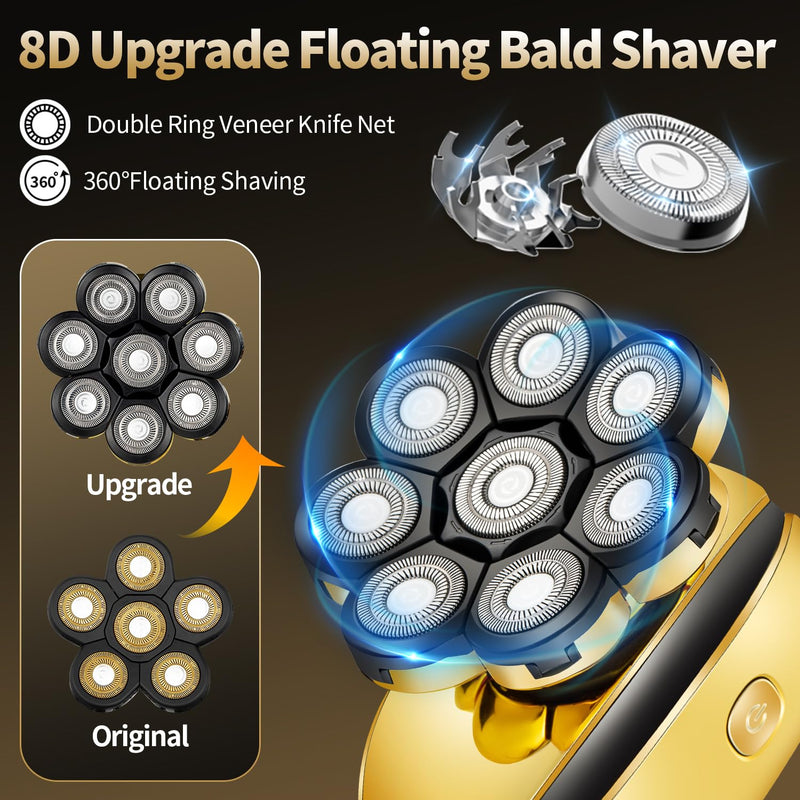 [Australia] - ROZIAPRO Head Shavers for Bald Men Rechargeable Electric Shavers for Men Cordless Electric Razor Waterproof 8D Head Hair Shaver Multifunctional Rotary Shaver Grooming Kit Gold-03 