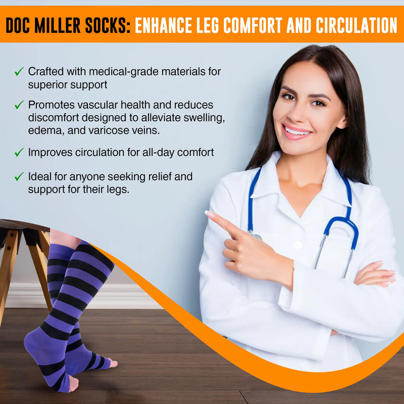 Doc Miller Compression Socks for Pregnant Women – Wide Calf, Open Toe Knee Sleeve 15-20 mmHG,Toeless Pregnancy Stockings for Varicose Veins, Footless Shin Splint Relief, 1 Pair X-Large Purple-Black