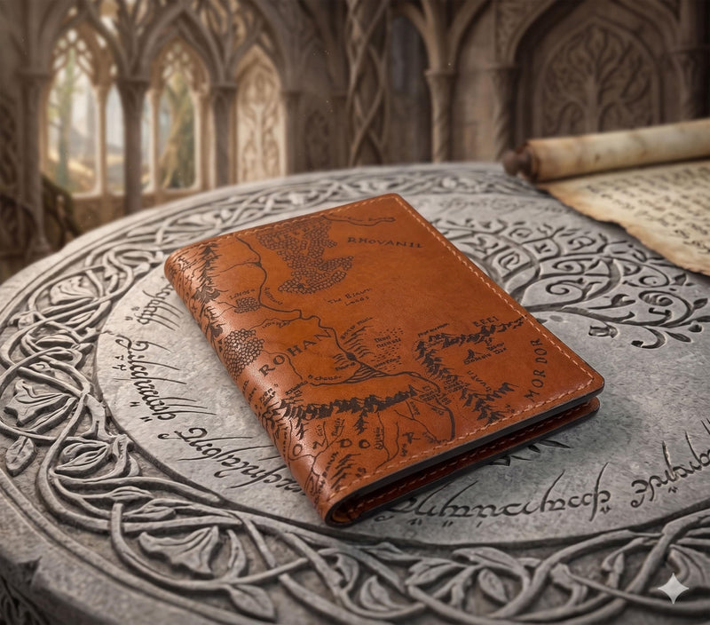 Handmade Leather Passport Wallet with Ancient Map Design, 4 Pockets, Genuine Brown Leather - 1LE