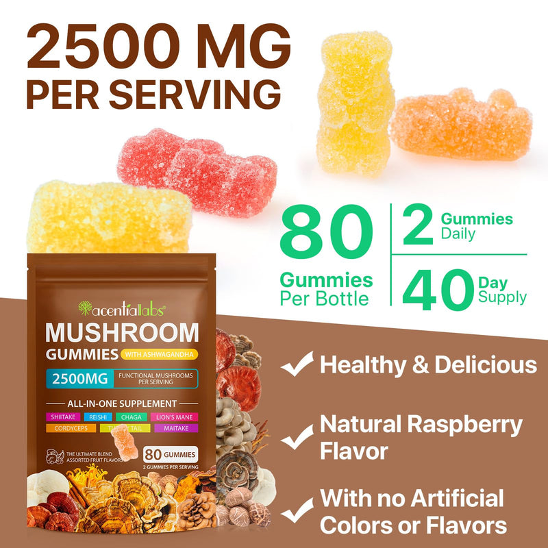 Mushroom Gummies, 80 Count Mushroom Supplement Gummies with Ashwagandha, Lion's Mane, Reishi & Chaga - All in One 2500mg Functional Mushrooms Support Immunity & Energy, Boost Vitality Overall Health
