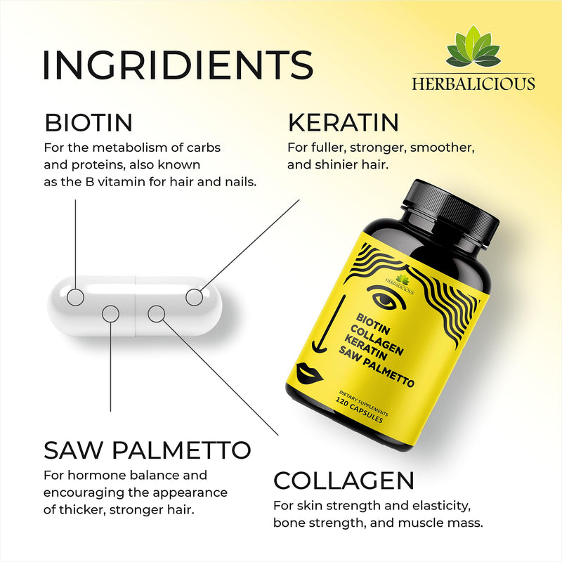 HERBALICIOUS Biotin Collagen Keratin Capsules with Saw Palmetto – Hair Skin Nails Support Formula with Vitamin C – Biotin – Made in USA – 120 Capsules
