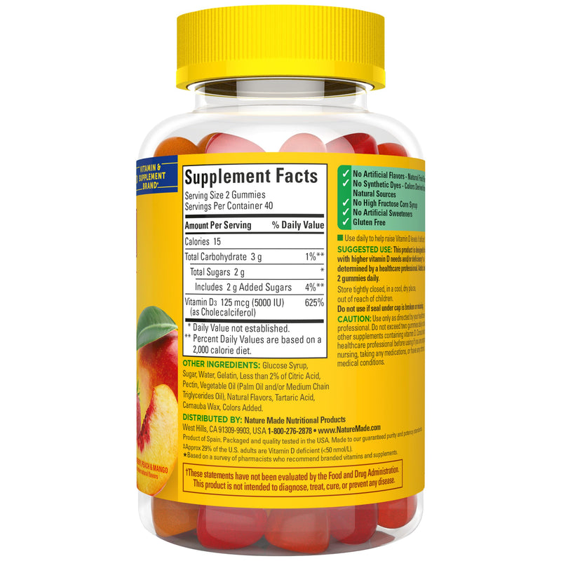 Nature Made Vitamin D3 5000 IU per Serving, 80 Vitamin D Gummies Strawberry, Peach, Mango 80 Count (Pack of 1)