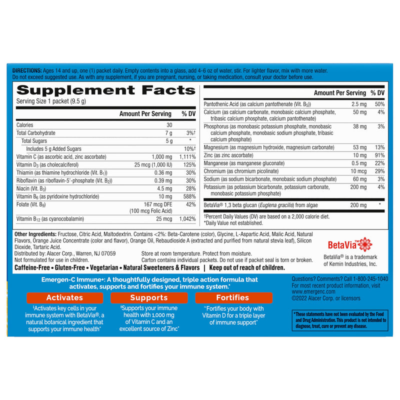 [Australia] - Emergen-C Immune+ Triple Action Immune Support Powder, BetaVia (R), 1000mg Vitamin C, B Vitamins, Vitamin D and Antioxidants, Super Orange, Back to School Essentials ‚Äì 30 Count 