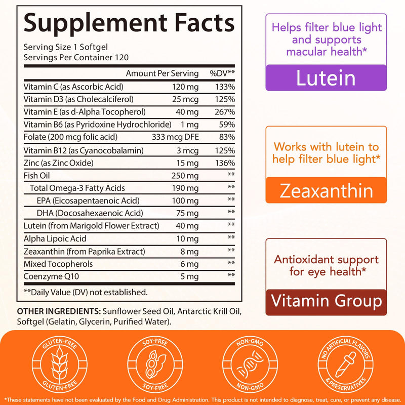 Lutein & Zeaxanthin Eye Vitamins, 16-in-1 Eye Health Formula with Omega-3, Zinc, Vitamins C, D3 & E, 40mg Lutein for Vision & Macular Support, 120 Capsules