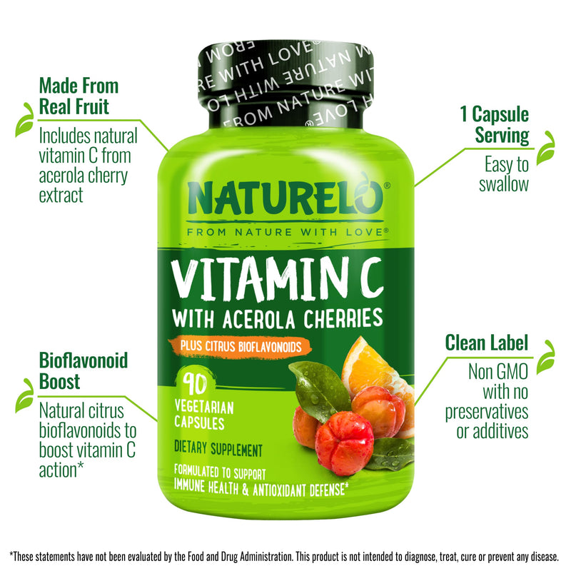 NATURELO Vitamin C 500 mg, Immune Support, Vegan, 90 Capsules | Organic acerola cherry extract, citrus bioflavonoids, Non-GMO, 500 mg VIT C per Cap 90 Count (Pack of 1)